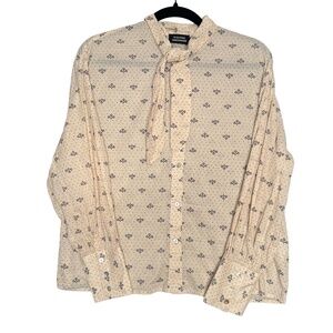 Ditsy Floral Polka Dot Cotton Tie Neck Button Up Long Sleeve Blouse Monoprix